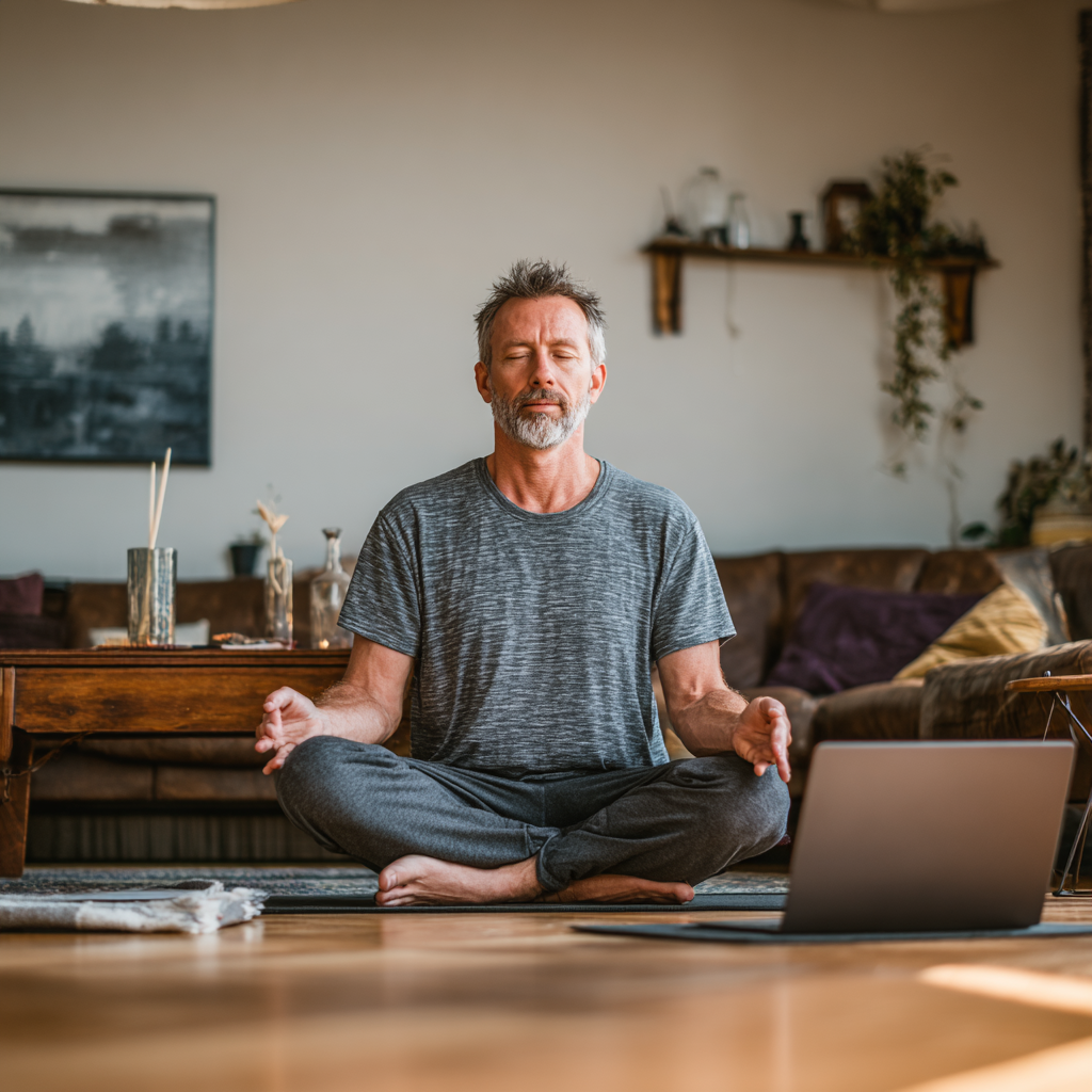 Bărbat în vârstă de 52 de ani practicând yoga acasă în fața unui laptop, urmărind o lecție online, în living-ul său confortabil
