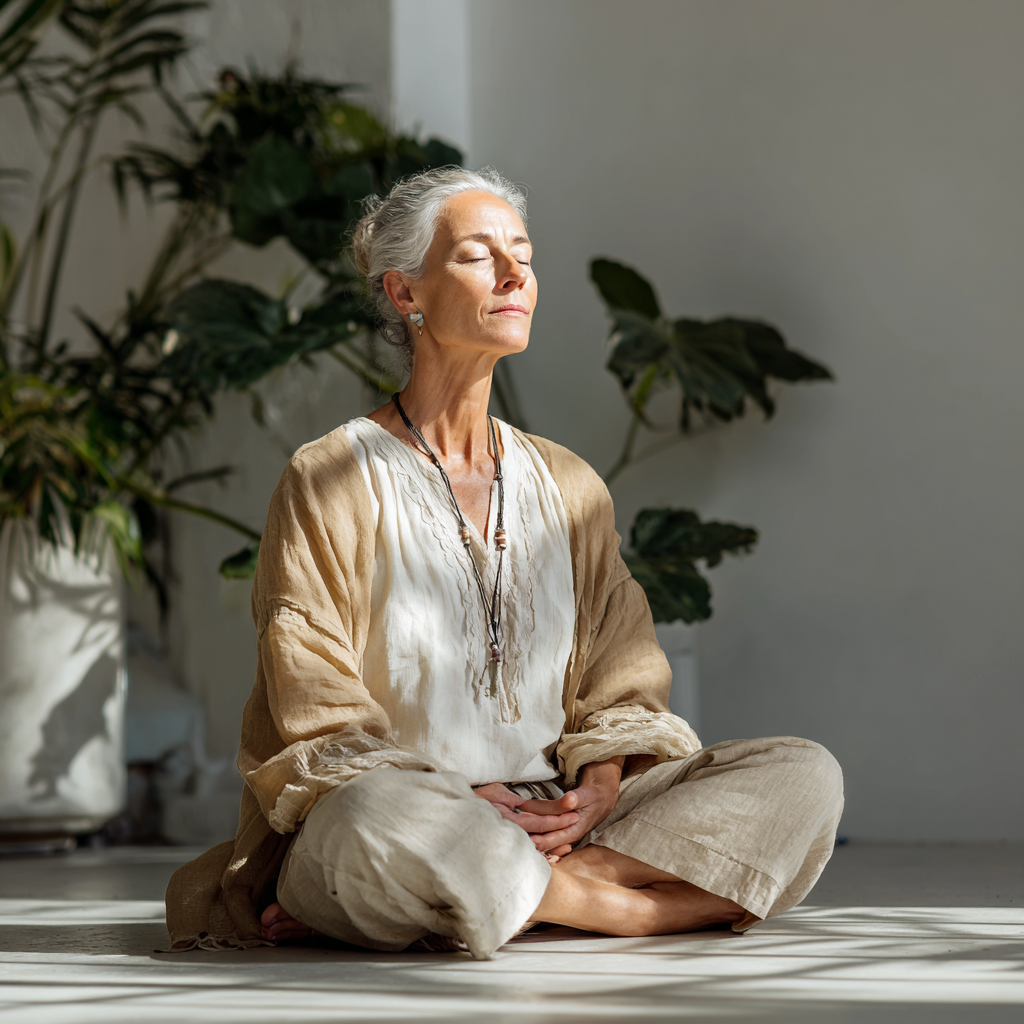Femeie în vârstă de 58 de ani meditând în poziția lotus într-un studio luminos cu plantă de lotus în fundal, expresie pașnică și îmbrăcată în haine naturale